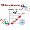 Etichette adesive A4 52,5 x 29,7 mm 40 etichette per pag. 100 Fogli (min. 10conf)