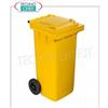 Pattumiera in polietilene GIALLO su 2 ruote, con larga impugnatura del coperchio e fermo posteriore, da 120 litri, carico utile 48 Kg, peso 10,4 Kg, dim.mm.480x543x927h