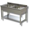 Ristoattrezzature Modello: 3450302,Lavello / lavatoio professionale in acciaio inox 2 vasche con ripiano e alzatina profondità 600 mm 1000x600x850h mm