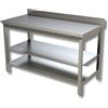 Ristoattrezzature Modello: 38130073,Tavolo su gambe in acciaio inox con 2 ripiani e alzatina profondità 700 mm 1800x700 mm