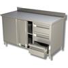 Ristoattrezzature Modello: 38890316002002,Tavolo armadiato in acciaio inox con porte, 3 cassetti a dx e alzatina profondità 700 mm 2200x700x850h mm 2 porte scorrevoli