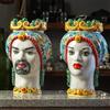 CERAMICHE CALTAGIRONE Teste di Moro Siciliane in Ceramica di Caltagirone Colorata Donna-Uomo cm 35