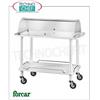 Carrello per dolci, formaggi e antipasti in legno massello con cupola in plexiglass semicircolare aperta sui 2 lati, 2 piani in multistrato laccato BIANCO, 4 ruote, dim.mm.1100x550x1070h