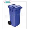 Pattumiera in polietilene BLU su 2 ruote, con larga impugnatura del coperchio e fermo posteriore, da litri 120, carico utile 48 Kg, peso 10,4 Kg, dim.mm.480x543x927h