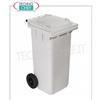 Contenitore in polietilene BIANCO su 2 ruote, con larga impugnatura del coperchio e fermo posteriore, da litri 120, carico utile 48 Kg, peso 10,4 Kg, dim.mm.480x543x927h