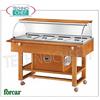 Carrello espositore refrigerato in legno color NOCE, marca FORCAR, completo di cupola in plexiglass, 2 mensole d'appoggio, capacit 4 bacinelle GN 1 1 (escluse), refrigerazione statica, temp.-5 +5C, V.230 1, Kw.0,25, dim.mm.1480x900x1260h