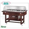 Carrello espositore refrigerato in legno color WENGE', marca FORCAR, completo di cupola in plexiglass, 2 mensole d'appoggio pieghevoli, capacitÃ 4 bacinelle GN 1 1 (escluse), refrigerazione statica, temp.+2Â° +10Â°C,V.230 1, Kw.0,25, dim.mm.1480x1120