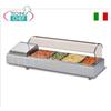 Vetrina espositiva calda da banco con vetro curvo self-service, capacit bacinelle: tutti i formati GN - H max 100 mm, temperatura +30 +70C, V.230 1, Kw.1,00, Peso 17 Kg, dim.mm.1023x380x370h