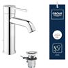 GROHE Essence New Rubinetto Miscelatore Monocomando per Lavabo A Risparmio Energetico, Taglia S, con Scarico a Saltarello, Bocca Regolabile, Cromo 23591001