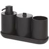InterDesign iDesign Set accessori bagno, Set da 4 in plastica composto da dispenser sapone, portaspazzolini, contenitore cotone e vassoio, nero