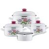 GSW Hortensie Set di pentole Ortensia, 7 Pezzi, Acciaio smaltato, plastica, Bianco