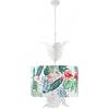 ONLI - Lampada a sospensione Fenicottero, paralume in stoffa con stampe tropicali su fondo bianco. Diametro 48cm. Asta centrale decorata con foglie di felce in metallo bianco