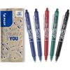 PILOT - FriXion Ball Clicker, set di 5 penne a scatto cancellabili con inchiostro termosensibile, penna roller ricaricabile ed ergonomica, nei colori nero, blu, rosso, verde, punta media