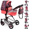 Bayer Design Passeggino Neo Vario, Carrozzina per Bambole, Regolabile in Altezza, colore rosso, nero con stelle e cuore, 18405AA