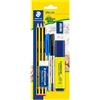 Staedtler Noris - Set Cancelleria Composto da 3 Matite Hb, 1 Gomma da Cancellare, 1 Temperino, 1 Evidenziatore Giallo e 2 Penne a Sfera, Ideale per Cancelleria Scuola Università Ufficio e Cartoleria
