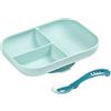 BÉABA - Piatto per Bambini e Neonati con Scomparti + Cucchiaio, Set per Pasti in Silicone, Ventosa : Aderisce al Tavolo e al ripiano del Seggiolone, Compatibile con Microonde, Blu
