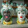CERAMICHE CALTAGIRONE Teste di Moro siciliane in Ceramica Caltagirone Donna-Uomo Verde Floreale cm 35