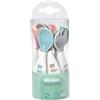 Béaba Set di Prime Posate Ergonomiche, 6 Cucchiai e 4 Forchette, Forma Rotonda, Grigio/Blu/Rosa