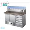 BANCO PIZZA REFRIGERATO, 2 PORTE, 6 CASSETTI Non refrigerati, vetrina ingredienti refrigerata profonda 380 mm, per 4 bacinelle GN1 3 (mm 325x175) + 1 GN1 2 (mm 325x265), Temp.+2 +8C, Classe E, V.230 1, Kw.0,235, Peso Kg. 288, dim.mm.1420x700x1455h
