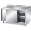 Ristotecno Tavolo acciaio inox armadiato con scorrevoli e alzatina. Prof. 70 cm - 70x70x85H - SENZA ruote - AISI 430