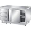 Ristotecno Tavolo armadiato con scorrevoli e cassettiera laterale, senza alzatina posteriore. Prof. 70 - 190x70x85H - SENZA ruote - Destra - AISI 430