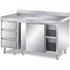 Ristotecno Tavolo armadiato con scorrevoli e cassettiera laterale, con alzatina posteriore. Prof. 70 - 190x70x85H - SENZA ruote - Destra - AISI 430