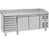 Banco Pizza refrigerato 2 sportelli + cassettiera a 7 cassetti. Piano in granito. cm. 202x80x100H.