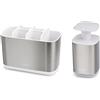 Joseph Joseph - Porta Spazzolino Compatibile con Spazzolini Elettrici e Tradizionali, 6 Scomparti, Smontabile + Dispenser Sapone Liquido con Finestra Controllo Livello- Grande, Acciaio Inox