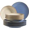 MÄSER 931873 Serie Ossia - Set di piatti per 6 persone in stile mediterraneo vintage, servizio da tavola moderno con piatti fondi in grigio sabbia e piatti piani, gres porcellanato, sabbia/azzurro