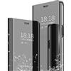 MLOTECH Cover per Huawei P20 Custodia + Vetro temperato Flip Traslucido Clear View Specchio Standing Cover Anti Shock Placcatura Cover Nero