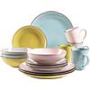 MÄSER 931726 Metallic Rim, set di stoviglie moderne per 4 persone con bordo in ottone, servizio combinato da 16 pezzi con forme coupe senza bordi, colorato, gres porcellanato, Fresh