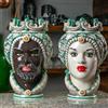 CERAMICHE CALTAGIRONE Teste di Moro Siciliane Ceramica Caltagirone Colletto Floreale Verde Donna-Uomo cm 35