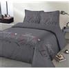 VISION - Parure copripiumino Love antracite - Copripiumino 260 x 240 cm con 2 federe assortite 65 x 65 cm - 100% cotone
