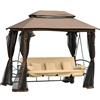 Outsunny Dondolo 3 Posti da Giardino Convertibile in Lettino con Gazebo, con Zanzariera e Cuscini, 257x175x240cm Cachi