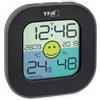 TFA Dostmann Termoigrometro digitale FUN, con orologio radio con data, indicatore di zona di comfort Smiley, per controllo climatico, nero, L 88 x L 19 (44) x H 88 mm