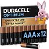 Duracell Batterie Optimum AAA (confezione da 12), Pile Alcaline da 1.5V, Fino al 100% di extra durata o extra potenza, Soddisfano i requisiti dei dispositivi moderni, 0% di plastica, LR03 MX2400
