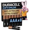 Duracell Batterie Optimum AAA (confezione da 8) - Pile Alcaline da 1.5V - Fino al 100% di extra durata o extra potenza - Soddisfano i requisiti dei dispositivi moderni - 0% di plastica - LR03 MX2400