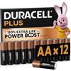 DURACELL Batterie Plus AA (Confezione da 12) - Batterie Alcaline da 1,5 V - Fino al 150% di durata extra con Attivi POWER BOOST- Affidabilità per i dispositivi di utilizzo quotidiano - MN1500