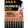 Duracell Batterie Plus AAA (pacco da 8) - Pile Alcaline 1.5V - Fino al 100% di extra durata - Affidabilità per i dispositivi a uso quotidiano - 0% plastica - 10 anni di conservazione - LR03 MN2400