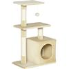PawHut Albero Tiragraffi per Gatti con Cuccia, Pallina e Pali in Corda Sisal, in Peluche Beige, 49x30x81.5cm