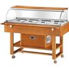 Carrello espositore refrigerato in legno con cupola in plexiglass. Capacità 4 GN 1/1. Tem. +2°/+10°C. Dim.cm. 148x75x126H