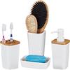 Relaxdays Set da 4 Accessori da Bagno, Moderno, Bicchiere Porta Spazzolini Dispenser Sapone, in Plastica e Bambù, Bianco