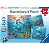Ravensburger, Puzzle 3x49, Per bambini a partire da 5 anni, 3 puzzle quadrati da 49 pezzi ciascuno, Dimensione puzzle 18x18 cm, Animali degli oceani