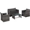 Outsunny Set 4 P.zi Mobili da Giardino in Rattan (PE), Salotto da Esterni con Tavolo, 2 Sedie, Divano due posti, Grigio|Aosom