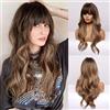 HAIRCUBE Lunghe parrucche ondulate con Bangs ombre parrucche bionde scure per donne, parrucche sintetiche resistenti al calore con radice marrone per giornalmente/partito/cosplay