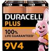 Duracell Batterie Plus 9V (pacco da 4) - Alcalina - Fino al 100% di extra durata - Affidabilità per i dispositivi a uso quotidiano - 0% plastica nel pacco - 5 anni di conservazione - 6LR61 MN1604