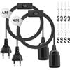 DiCUNO Portalampada E27 con filo, Portalampada E27 a sospensione con pulsante On/Off per soffitto, camera e cucina, Nero, 0-250V, 4A, 4M, 2 pezzi