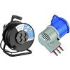 Electraline Prolunga Elettrica Avvolgicavo 50 M, 4 Prese Polivalenti Schuko 10/16A, Spina Grande 16A & Adattatore Spina Italiana Grande 16A Presa Industriale Iec Con Coperchio, Blu