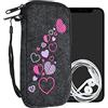 kwmobile Custodia in feltro con zip per Smartphone XL - 6,7/6,8 - Astuccio portacellulare a sacchetto con cerniera e ricamo - Borsa Cuori e Stelle rosa/viola/grigio scuro