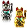Flanacom Maneki Neko Oro e Argento - 2 Gatti Portafortuna Giapponesi a Batteria - Decorazione per Casa e Ufficio - Regalo Feng Shui